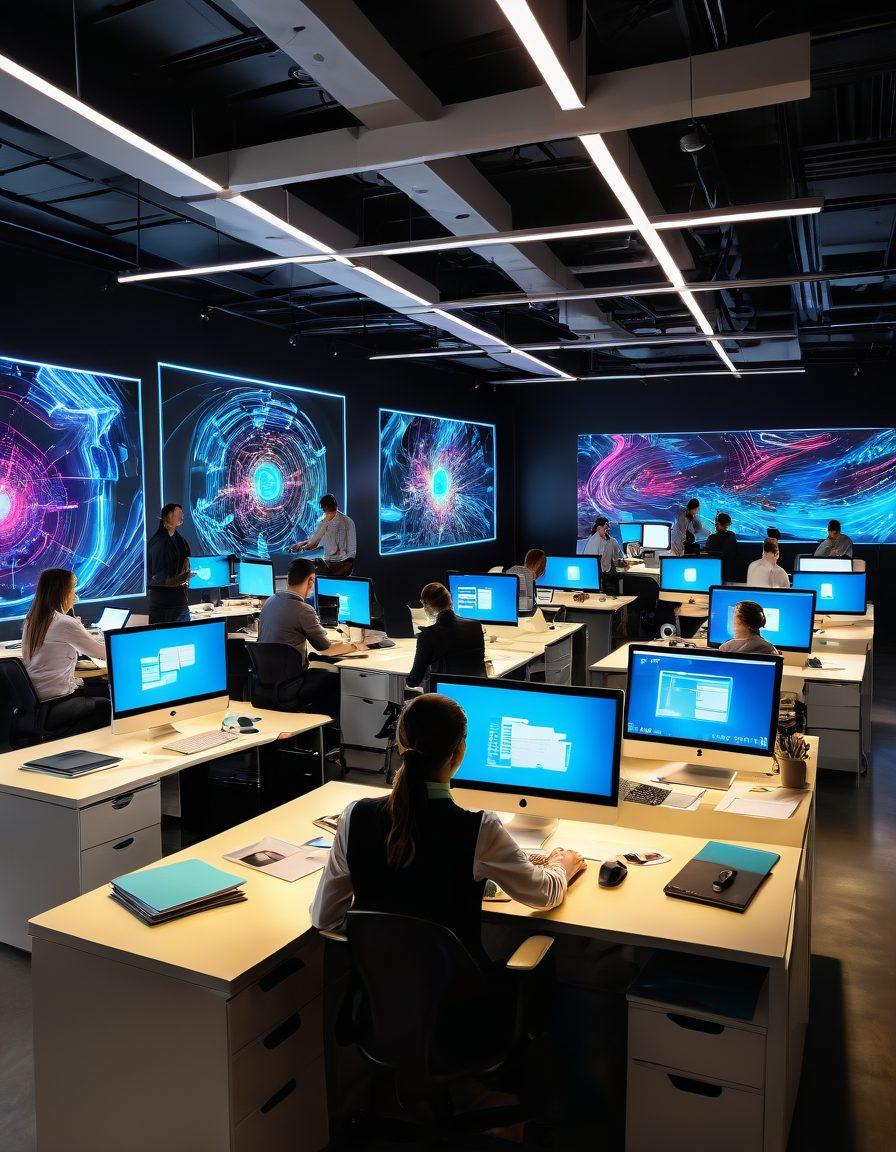 A dynamic scene depicting a professional environment where frustrated workers are transformed into a state of flow with the help of innovative IT tools. Include a visually striking contrast between cluttered desks and organized, tech-efficient workspaces. Show screens displaying streamlined workflows, creative collaboration, and vibrant energy among team members. Incorporate elements of modern technology, like holograms or smart devices. vivid colors. digital art. energetic mood.