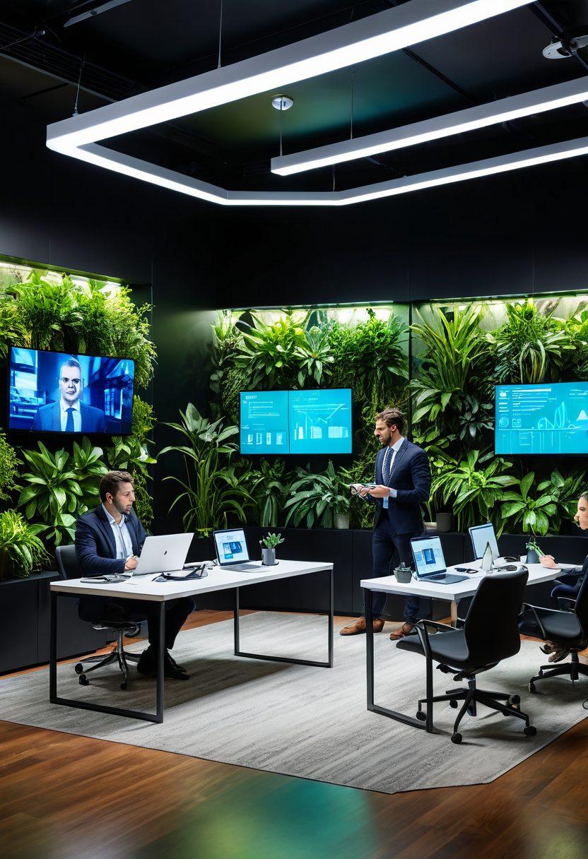 A futuristic office scene showcasing diverse professionals collaborating over advanced technology tools like holographic displays and AI-driven software. Include elements of digital graphs and analytics on screens, with expressions of satisfaction and engagement. A warm and inviting atmosphere with plants and modern design. Super-realistic. Vibrant colors. 3D.