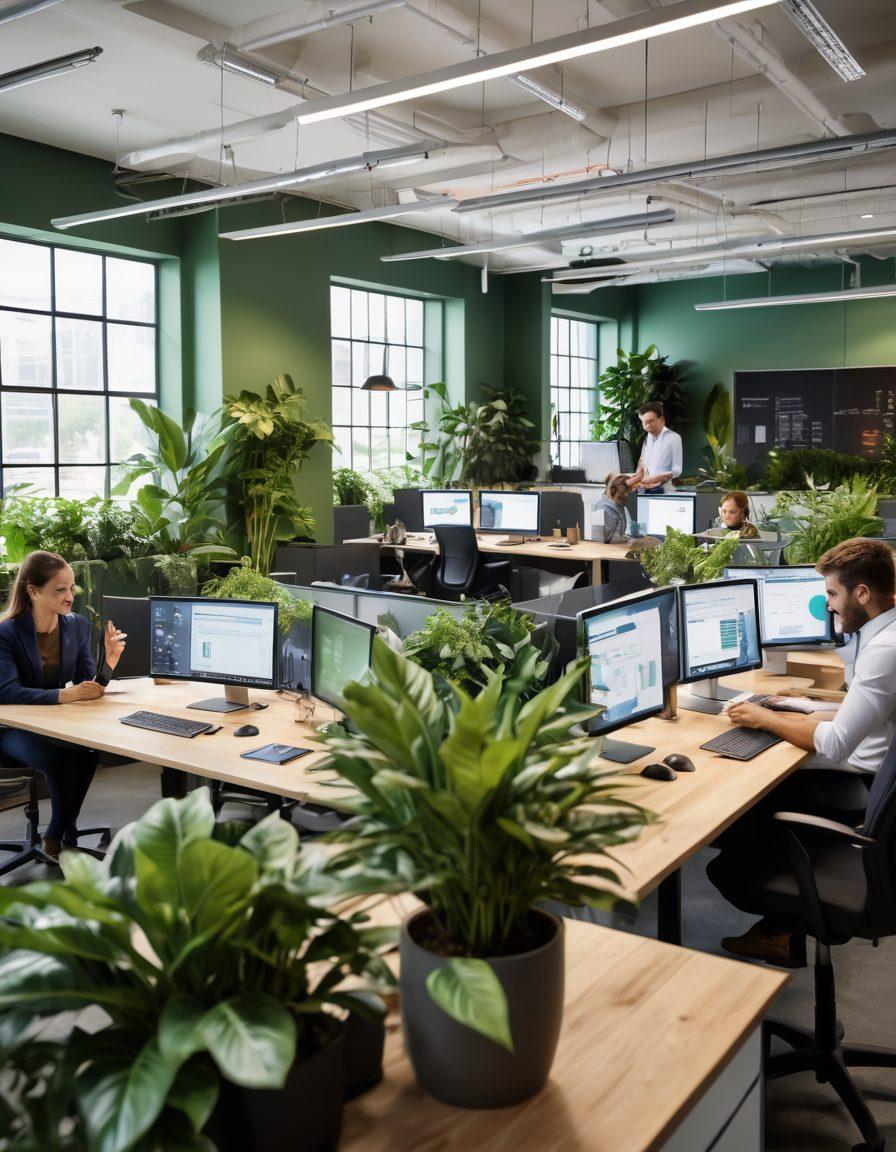 A team of diverse professionals engaging seamlessly with IT support in a modern office environment, showcasing vibrant expressions of joy and productivity. Include a high-tech dashboard displaying analytics and support features, plants for a fresh atmosphere, and bright, natural lighting to create an inviting workspace. Emphasize collaboration with visible digital devices like laptops and tablets. super-realistic. vibrant colors. 3D.